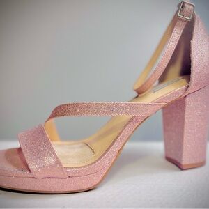 EUC Alex Marie Pink/Rose Gold Glitter Block Heel Sandals - Size 8